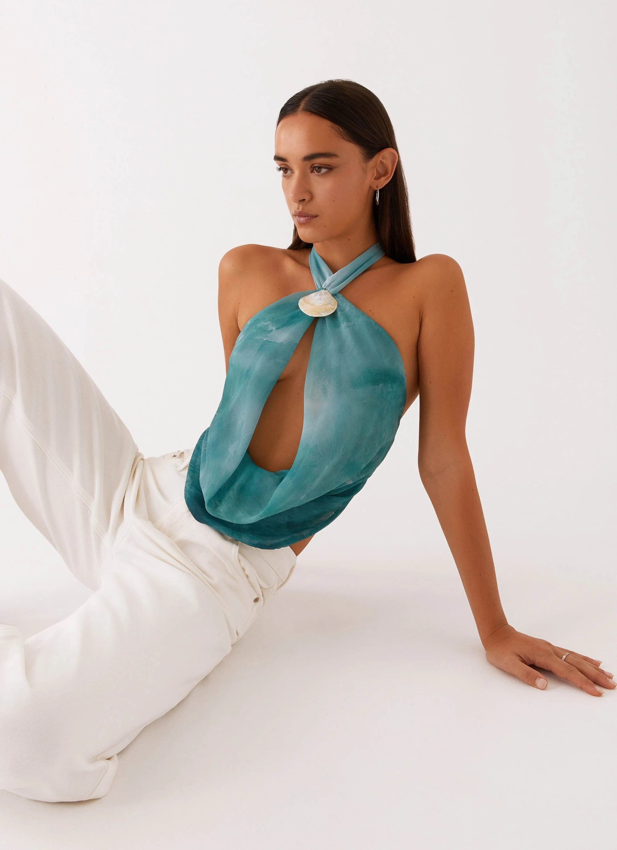 Zola Cowl Neck Shell Top - Green Tie Dye BreathableFabricTech Moisture Wicking Fabric