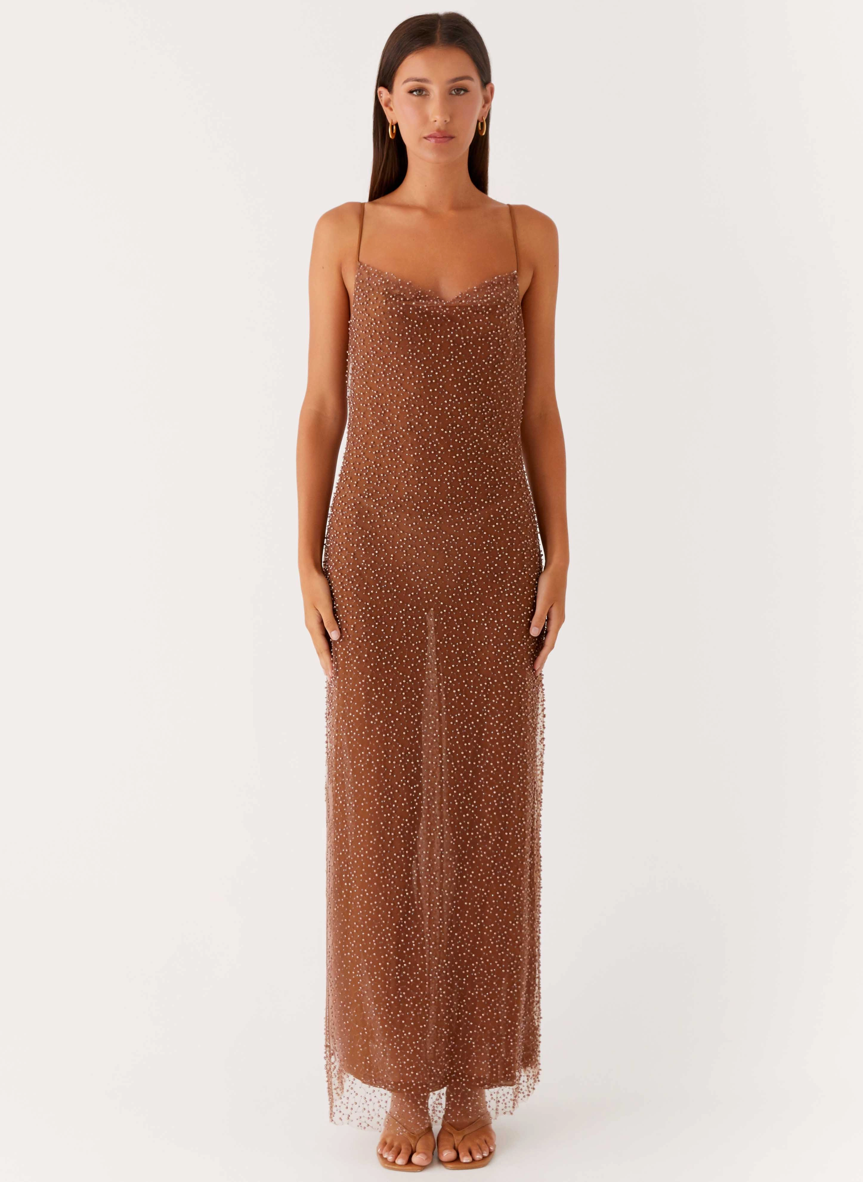 Satin Fabric Zuella Beaded Maxi Dress - Chocolate