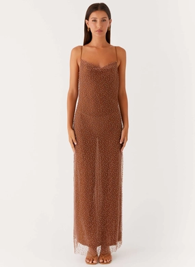 Satin Fabric Zuella Beaded Maxi Dress - Chocolate